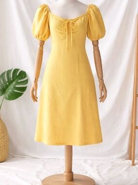 NWT Japna Cottagecore Sunny Yellow Linen Blend Puff Sleeve Midi Dress • S